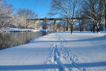 Footprints on a snow covered trail