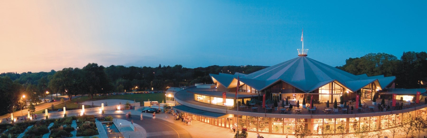 Stratford Festival Theatre lit up at night. Photo by Richard Bain