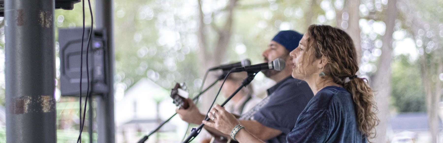 Musicians singing and playing guitar on stage