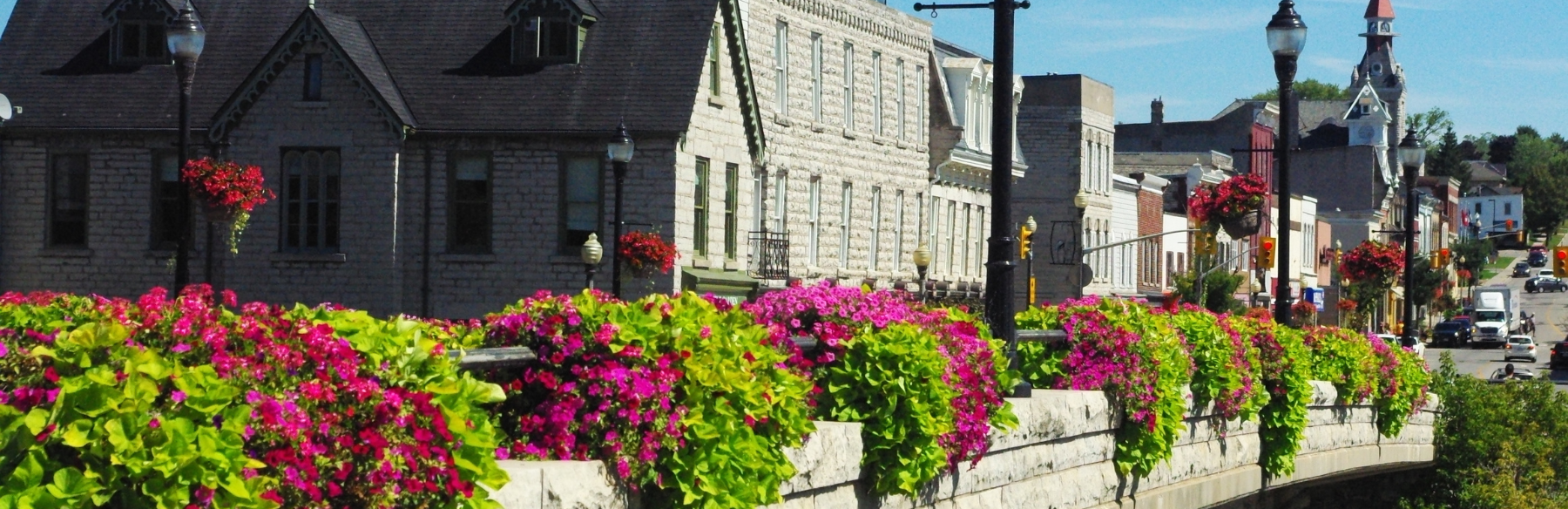 Flowers on bridge with downtown in background