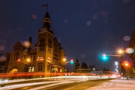 Twon Hall at night with lights