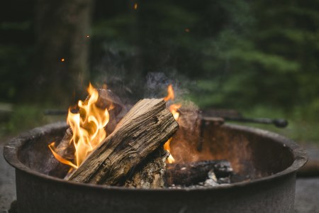 Burning wood in a campfire